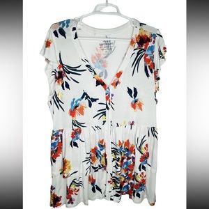 Torrid Women's Plus 2, 2X White Floral Cap Sleeve Peplum "Super Soft Knits" Top